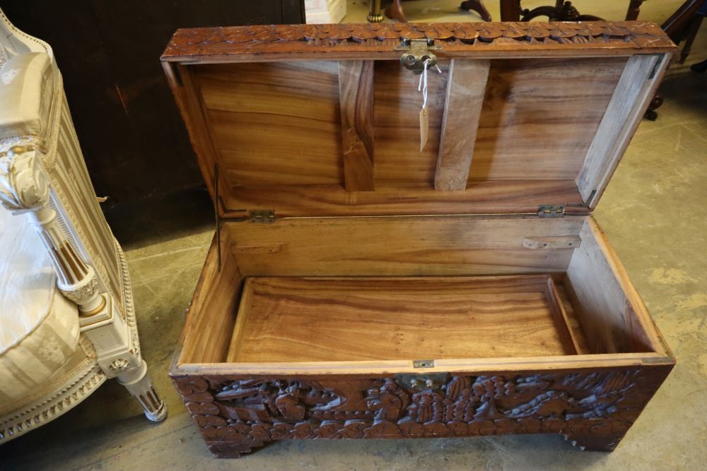 An Asian relief carved camphorwood coffer, width 73cm